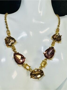 Gold-Tone Necklace with Amethyst Teardrop and Heart Shaped Stones